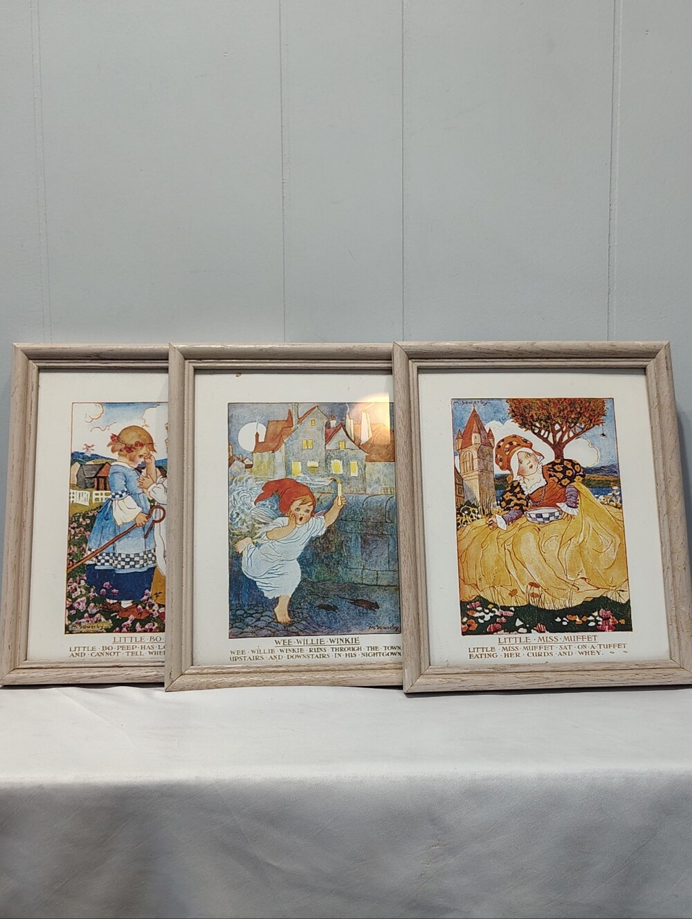 Set of 3 Framed Nursery Rhyme Art Prints Bo Peep Wee Willy Winky Miss Muffet‎
